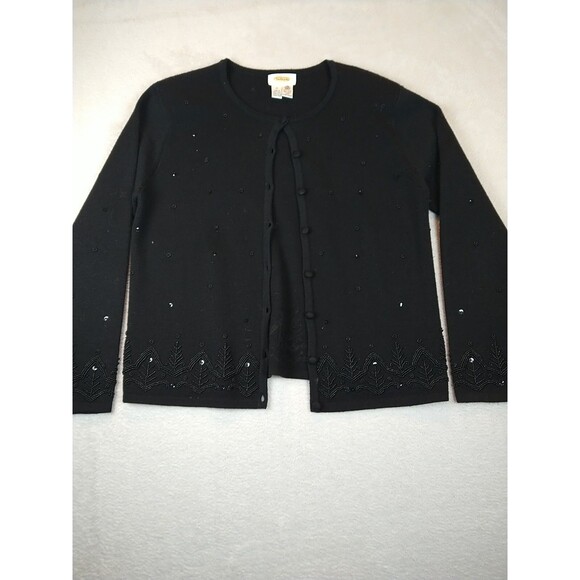 Talbots Cardigan Sweater Women's Medium Wool Black Bead Sequin Button - Picture 1 of 11